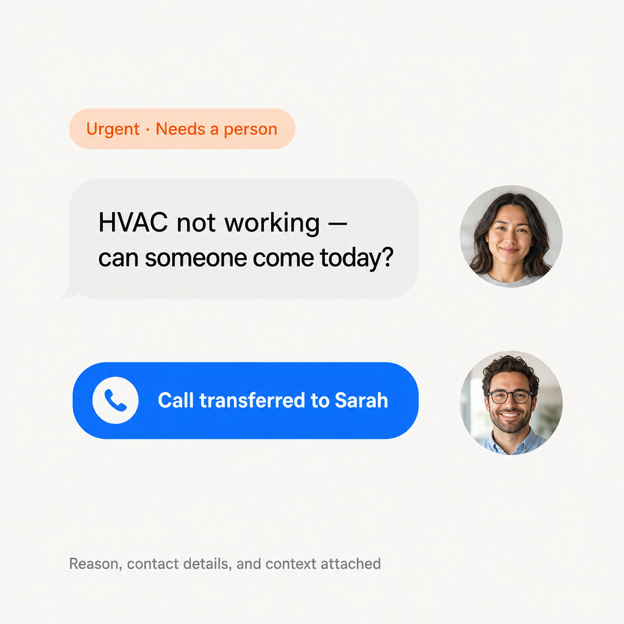 Urgent caller message transferred to a team member with reason and context attached
